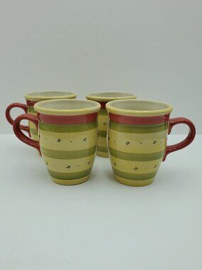 Pfaltzgraff Pistoulet Mugs Jana Kolpen Red Handle Green Yellow Bands Mugs